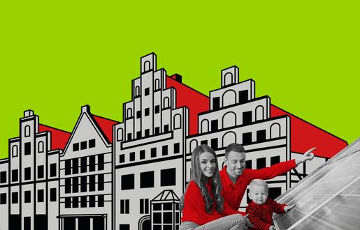 Eine Familie mit Kleinkind mit einem Solarmodul, montiert vor eine Illustration Lüneburger Giebelhäuser