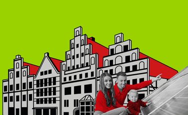 Eine Familie mit Kleinkind mit einem Solarmodul, montiert vor eine Illustration Lüneburger Giebelhäuser