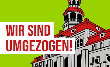 Illustration des Lüneburger Rathauses mit Schriftzug "Wir sind umgezogen!"